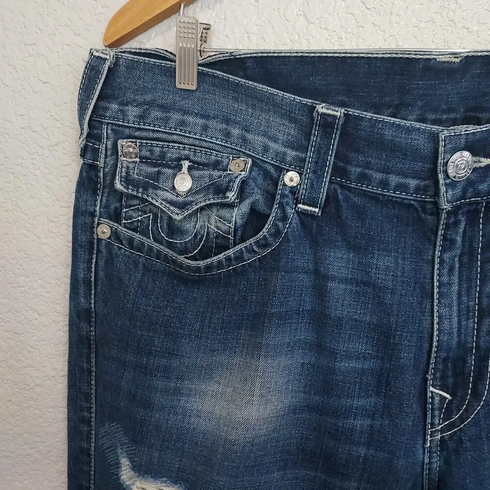 True Religion Distressed Straight Leg Blue Jeans Size 38